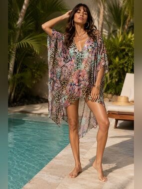 Floral & Leopard Print Mint V-Neck Swim Coverup